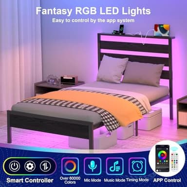 J.Fkne Twin Bed Frame with LED Lights & Charging Station, Storage Headboard, Heavy Duty Metal Slats, No Box Spring Needed, Noise-Free, Easy Assembly, Black - Image 4
