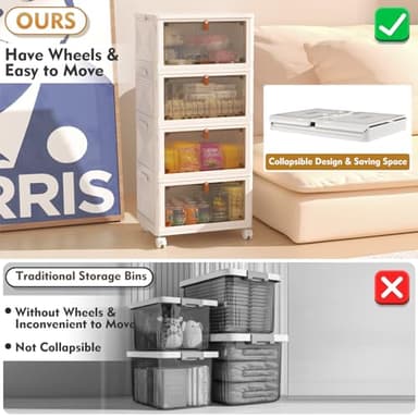 YFXCVSL 4 Tier Plastic Storage Bins with Lid 23QT, Stackable Storage Containers with Wheels, Folding Storage Boxes, Stackable Storage Bins, Closet Organizers and Storage for Living Room,Office,Dorm - Image 4