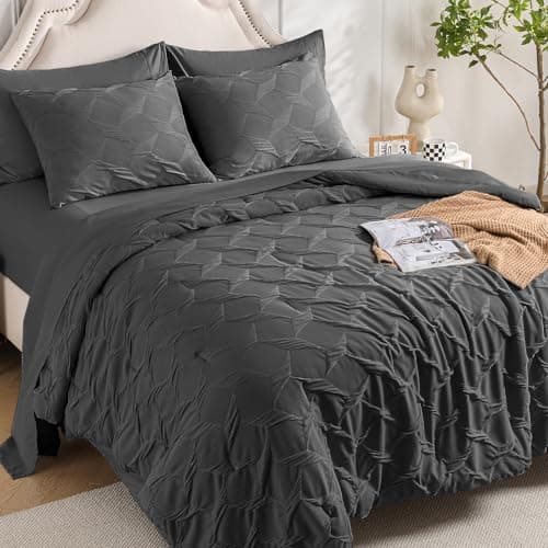 Swandream Queen Bedding Comforter Set- Luxury Spandex Jacquard 7 Pieces Bed in a Bag, Lightweight Comforter with 1 Fitted Sheet, 1 Flat Sheet, 2 Pillowshams & 2 Pillowcases, Dark Grey - Image 1