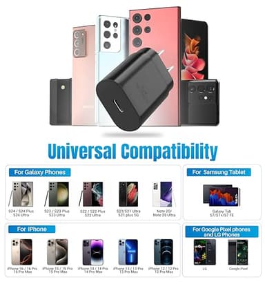 Galaxy S25 S24 USB C Charging Block 25W PD Super Fast Charger Type C Wall Plug Adapter Quick Charge for Samsung Galaxy S25/S24/S23/S22/S21/S20/Z Fold 3/4/5/Note20/iPhone 17/16/15/14/(Black 2Pack) - Image 4