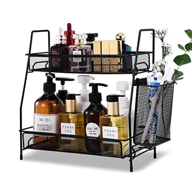 LEMIKKLE Countertop Organizer for Bathroom Counter, The Organizer for Bedroom, Spice Rack Organizer for Kitchen Counter Shelf with Small Basket(Black) - Image 1