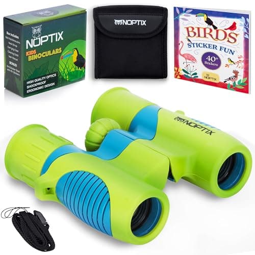 Binoculars for Kids, Girls or Boys Real Kids Binoculars in Vibrant Green Blue - Includes Sticker Book with 40 Bird Species - Small Toys for Toddlers - Image 1