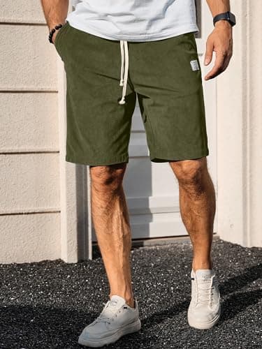 PLEPAN Mens Corduroy Shorts Casual 7 Inch Inseam Elastic Waist Drawstring Summer Beach Shorts Army Green X-Large - Image 2
