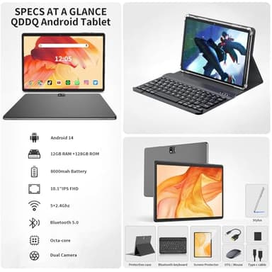 QDDQ Android Tablet with Keyboard, Android 14 Tablet, 12(6+6) GB+128GB, 1TB Expand, 2 in 1, Mouse, Stylus, 8000mAh Battery, 2.4G/5G WiFi, GPS, Certified, Black Case - Image 2