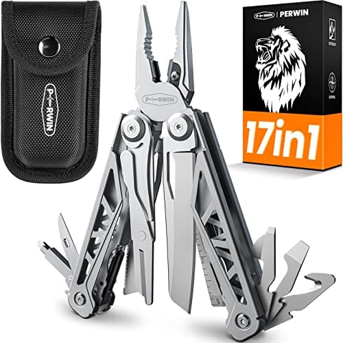 PERWIN Multitool, 17-in-1 Stainless Steel Multi Tool Pliers with Self-Locking, Pocket Knife, Nylon Sheath, Professional (EDC) Multi-Tool for Survival, Camping and Hunting, Hiking, Gifts for Men - Image 1