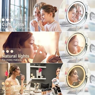 Aoglenic Makeup Mirror with Light, 8 inch Rechargeable 1X 10X Magnifying Mirror, Lighted Vanity Mirror with Magnification, Double Sided 360° Rotation, 3 Colors and Brightness Adjustable - Image 2