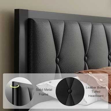 Feonase Twin Size Metal Bed Frame with Faux Leather Button Tufted Headboard, Platform Bed Frame with Heavy Duty Metal Slats, 12" Storage Space, Noise Free, No Box Spring Needed, Black - Image 3