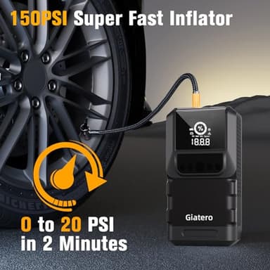 Giatero Q13 4000A Portable Car Jump Starter with Air Compressor 150PSI, Jump Start Battery Pack(10.0L Gas/8.0L Diesel), 12V Jump Box with 3 Modes Flashlight & Jumper Cable, LCD Display Power Bank - Image 4