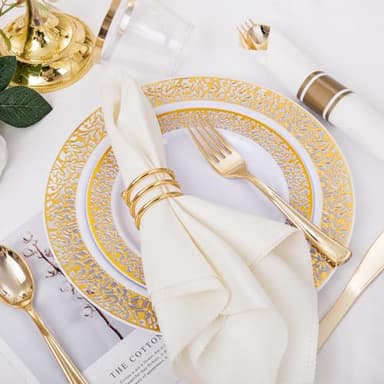 WELLIFE 175Pcs Gold Dinnerware Sets, Include:25 Dinner Plates, 25 Dessert Plates, 25 Paper Napkins, 25 Cups, 25 Plastic Cutlery Set - Image 7