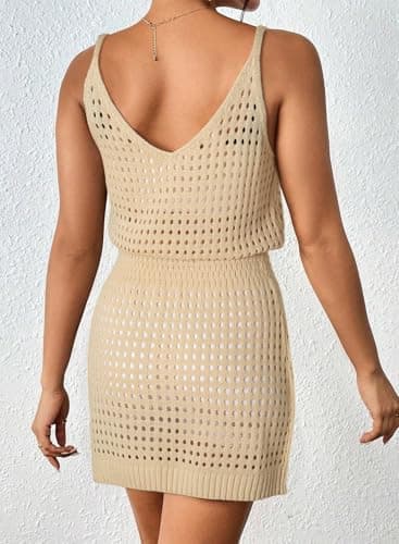 Dokotoo Women's Swimwear Cover Ups 2025 Summer Scoop Neck Sleeveless Bathing Suit Crochet Hollow Out Spaghetti Straps Cruise Resort Wear Outfits Beach Dresses for Women Apricot Small - Image 2