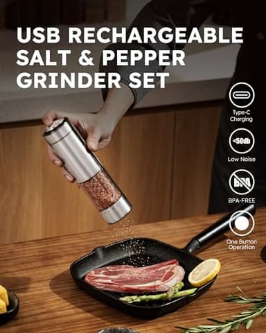 FORLIM Electric Salt and Pepper Grinder Set Rechargeable, Upgraded Washable, Automatic One-Handed Operation with LED, Adjustable Coarseness Pepper and Salt Grinder Refillable, Stainless Steel(Silver） - Image 7