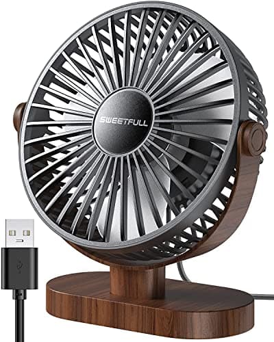 SWEETFULL 6.5 Inch USB Small Desk Fan, 3 Speeds Quiet Portable Desktop Table Fan, 360° Adjustment Personal Mini Fan for Home Office Car Outdoor Travel (Black wood grain) - Image 1