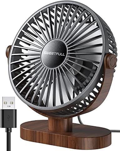 SWEETFULL 6.5 Inch USB Small Desk Fan, 3 Speeds Quiet Portable Desktop Table Fan, 360° Adjustment Personal Mini Fan for Home Office Car Outdoor Travel (Black wood grain) - Image 1