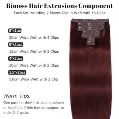 Rimoss Clip in Hair Extensions Real Human Hair - 22 Inch 120g 7pcs, Burgundy Red Color - Soft Remy Human Hair Clip in Extensions Straight Double Weft for Women (#99J 22 Inch) - Image 2