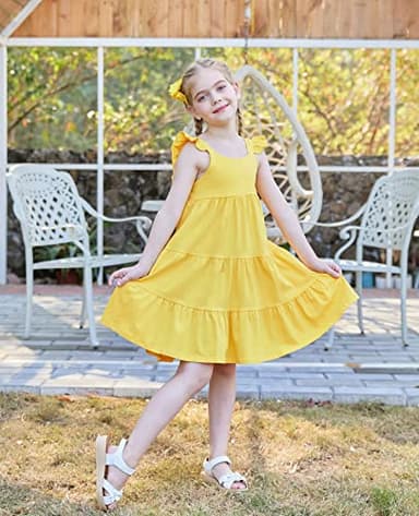 Vieille Toddler Girls Yellow Dress Summer Beach Tiered Sundresses Ruffle Sleeveless Princess Dresses 5-6 Years Kids - Image 2