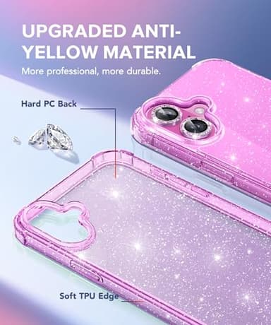 BERFY for iPhone 16 Plus Case Glitter, with 9H Tempered Screen Protector + 2X Diamond Camera Lens Protectors, [Non-Yellowing] Women Clear Sparkly Cute Bling Hard Shockproof Cover 6.7", Shiny Purple - Image 3