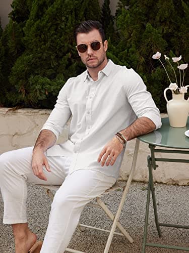 JEKAOYI Mens Casual Long Sleeve Cotton Linen Shirts Buttons Down Solid Plain Roll-Up Sleeve Summer Beach Shirts White - Image 2