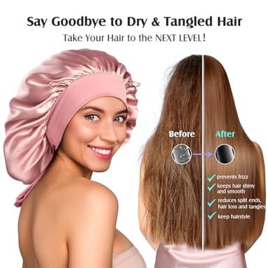 YFONG 100% 22 Momme Mulberry Silk Bonnet for Sleeping Women, Larger Double Layer Silk Hair Wrap for Curly Short Long Hair, Non-Slip Sleep Cap Turban with Elastic Tie Band for Hair Care, Pink - Image 3