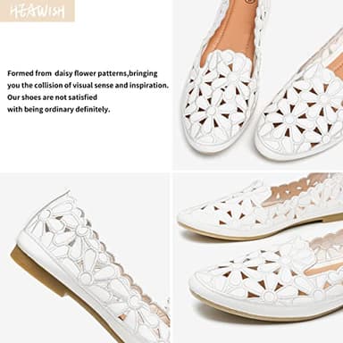 HEAWISH Women's Floral Ballet Flats for Women Black Beige Slip On Flowers PU Leather Round Toe Dress Shoes(White,US7.5) - Image 6