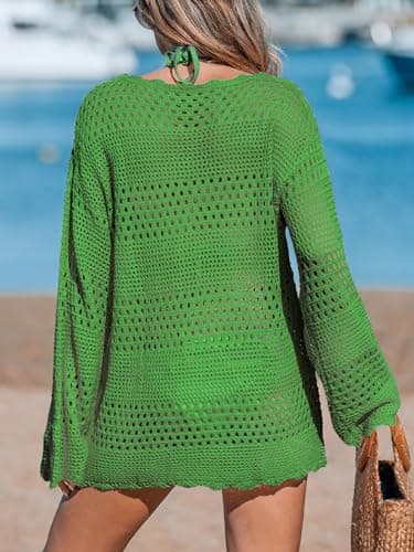 CUPSHE Womens Swimsuit Crochet Cover Up Hollow Out Beach Bikini Knitted Pullover Swimwear Dress Green Large - Image 2