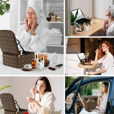 Travel Makeup Bag With 360° rotating LED Mirror,Waterproof cosmetic organizer,Portability Cosmetic case,Makeup organizer,Gift for Women,Girls Gift (Brown) - Image 9