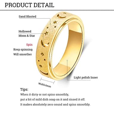 OreilleStar Anxiety Ring for Women Spinner Ring Stainless Steel Fidget Toys Adults Fidget Spinner Ring Fidgit Ring (Moon Star-Gold, 8) - Image 5
