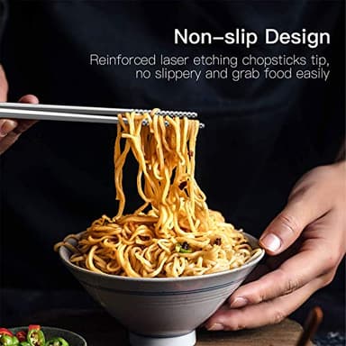 Metal Chopsticks Reusable 18/8 Stainless Steel Chopsticks Multipack Dishwasher Safe Chop Sticks Cute Laser Engraved Non-slip Japanese Korean Chopstick for Cooking Eating 9 1/4 Inches 5 Pairs Gift Set - Image 4