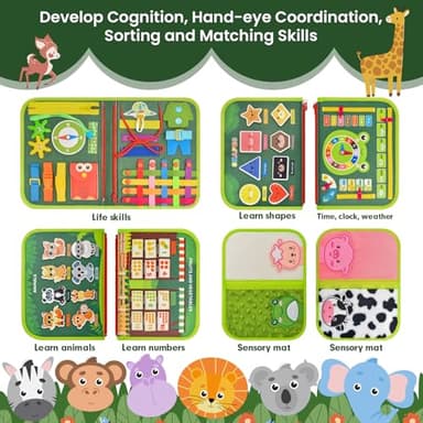 Silouka Toddler Busy Board Montessori Toys, Sensory Board Busy Book, Busy Board for Toddlers 2-4, Preschool Learning Activities with Life, Forest Animals Green, 8 Pages and 2 Pages Sensory Mats - Image 2
