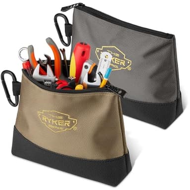 The Ryker Bag Canvas Zipper Tool Pouch (2-Set): Small Utility Tool Pouch Bag w/Hard Bottom. Small Waterproof Tool Bag Organizer w/carabiners, Khaki + Gray - Image 1