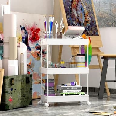 SPACEKEEPER Storage Rolling Cart, 3 Tier Laundry Room Organization Utility Cart Bathroom Organizer Mobile Shelving Unit Shelves Multi-Functional Trolley, White - Image 6