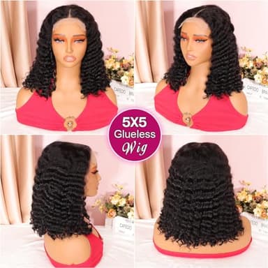 Ailwelia Curly Bob Wig Human Hair Deep Wave 200% Density 5x5 HD Lace Closure Wigs Human Hair Bob Wigs For Black Women Wear And Go Glueless Curly Wig Black Color 14 Inch - Image 4