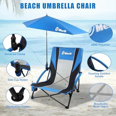 EMERIT Low Beach Chairs for Adults, Sling Beach Chair with Umberalla, Folding Backpack Camping Chair with Cup Holder - Image 5