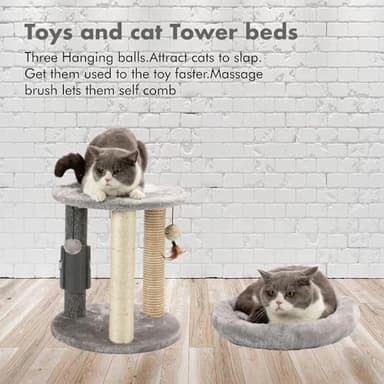 MECOOL 4in1 Small Cat Tree,Scratching Post with Tower Soft Bed, Sisal Carpet Jute Posts with Three Hanging Ball Toys and Massage Brush for Indoor Cats and Kittens - Image 6