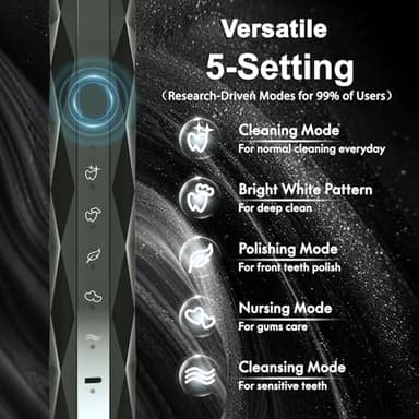 Diamond Style - Sonic Electric Toothbrush for Adults and Kids, Comes with 10 Brush Heads & Travel Case, 5 Modes with 2 Minutes Built in Smart Timer, One Charge for 90 Days, 42,000 VPM Motor (Black) - Image 3