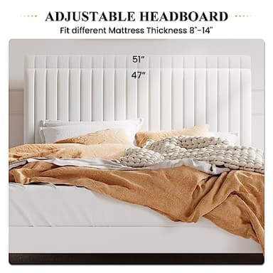 SHA CERLIN Queen Upholstered Platform Bed Frame with Vertical Channel Tufted Velvet Fabric Adjustable Headboard, Wooden Slats Support, Mattress Foundation, Box Spring Optional, White - Image 5