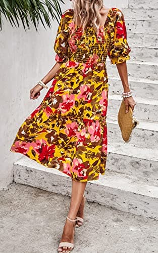 PRETTYGARDEN Women's Summer Dresses 2025 Casual Midi Spring Puff Sleeve Square Neck A Line Flowy Ruffle Boho Floral Smocked Sundress (Light Yellow Red Flower,M) - Image 3