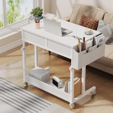 Small White Portable Rolling Desk - 32 Inch Adjustable Mobile Standing Teacher Desks with 2 Fabric Drawers on Wheels, Couch Sofa Side Laptop Table with Storage for Bedroom Home Office, White - Image 5
