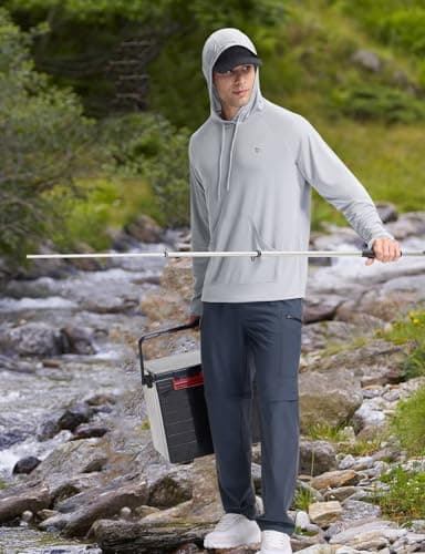 baleaf Swim Shirts Men Rash Guard Long Sleeve Sun Protection Hoodie UV Lightweight Athletic Running with Kangaroo Pocket Light Gray L - Image 7