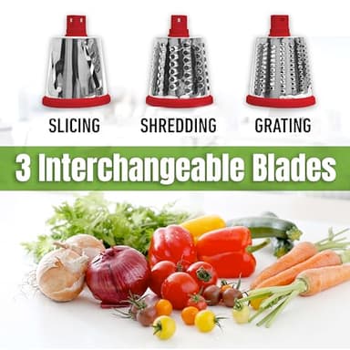 Rotary Cheese Grater with Handle, Cheese Grater Hand Crank, Fast Cutting Grater for Kitchen with 3 Interchangeable Blades, Vegetable Slicer, Cheese Shredder with Suction Cup Base, Dishwasher Safe - Image 3