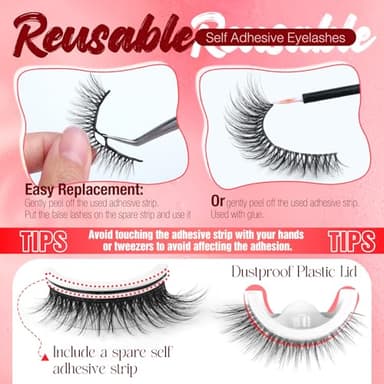 Self Adhesive Eyelashes Natural Look Press On Lashes No Glue Needed Wispy Reusable Self Adhesive Lashes without Eyeliner Clear Band Pre Glued Lashes Cat Eye Lashes Faux Mink Lashes 5 Pairs - Image 6