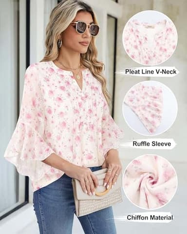 Timeson Womens V Neck Tops: Office Work - Ladies Blouses and Tops Dressy - Womens Casual Shirts 3/4 Sleeve Women's Business Attire Fancy Chiffon Tunic Pretty Polyester Peasant Wedding Wear Red Rose XL - Image 4