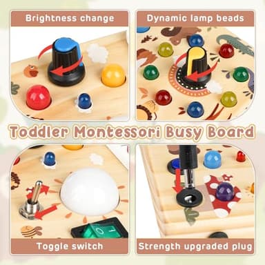 Joyreal Wooden Busy Board with LED Lights, Montessori Sensory Toys for Toddlers, Activity Fidget Board Travel Toys for Fine Motor Skills & Learning, Gifts for 1-3 Year Old Boys & Girls (Forest Theme) - Image 3