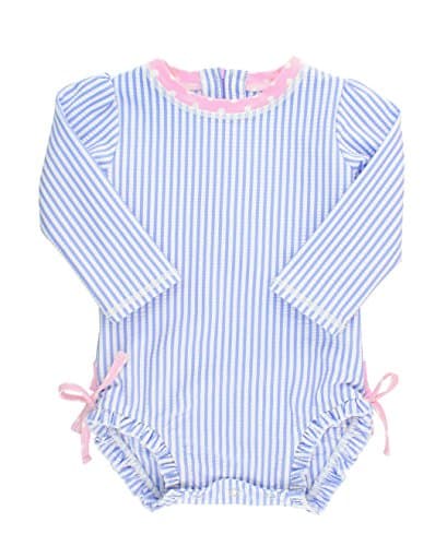 RuffleButts® Baby/Toddler Girls Long Sleeve One Piece Swimsuit - Blue Seersucker with UPF 50+ Sun Protection - 12-18m - Image 1