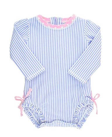 RuffleButts® Baby/Toddler Girls Long Sleeve One Piece Swimsuit - Blue Seersucker with UPF 50+ Sun Protection - 12-18m - Image 1