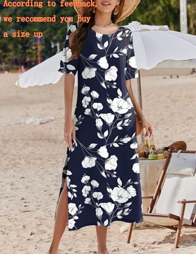 Zeagoo Shirt Dresses for Women 2025 Half Sleeve Sundresses O Neck Cover Up Navy Womens Flower Print Dress Long Maxi Dresses Casual Summer A Line Tshirt Slit Vacation Dress with Pockets Navy Floral XL - Image 2