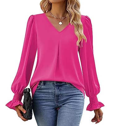 Funlingo Women Tops Dressy Causal Fashion Long Sleeve Chiffon Tunics Spring Loose Fit Work Blouse V Neck Office Shirt Clothing Rose Red XX-Large - Image 2