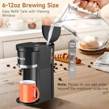 Horavie Small Single Serve Coffee Maker, Fast Brew One Cup Coffee Machine for K Cup and Grounds, 6 to 12 oz. Brew Sizes, Capsule Coffee Machine with Descaling Reminder and Viewing Tank, Black - Image 6