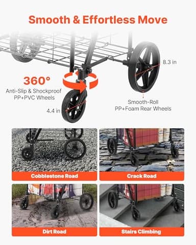 VEVOR Folding Shopping Cart, Jumbo Grocery Utility Cart with Double Baskets, 360° Swivel Wheels, 110 LBS Large Capacity Heavy Duty for Laundry, Shopping, Grocery, Luggage, Black - Image 4