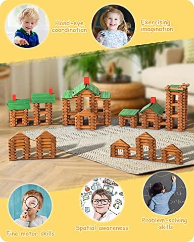 SainSmart Jr. 665 PCS Wooden Log Cabin Set Building House Toy for Toddlers, Classical STEM Construction Kit Compatible with Lincoln Logs for 3+ Kids - Image 4