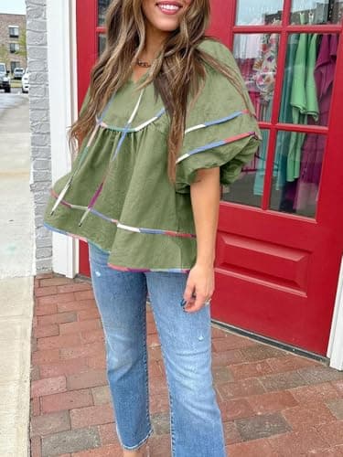 Cicy Bell Womens Summer Babydoll Tops V Neck Short Lantern Sleeve Shirts Cute Loose Fit Peplum Flowy Blouses Army Green - Image 5